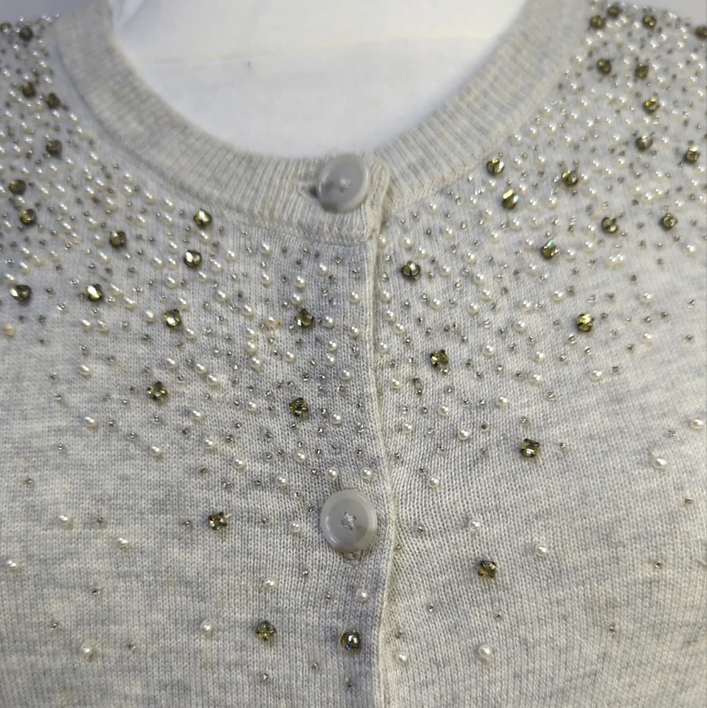 LOFT Gray Embellished Jewel Beaded Rabbit Hair Blend Cardigan‎ Sweater Small 645